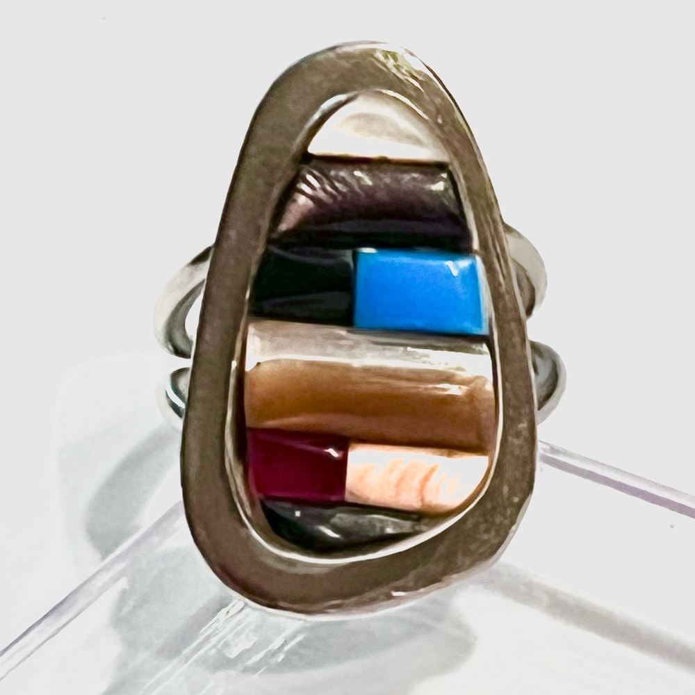 Navajo, Vintage Sterling Silver Multi Stone Cobblestone Inlay Ring